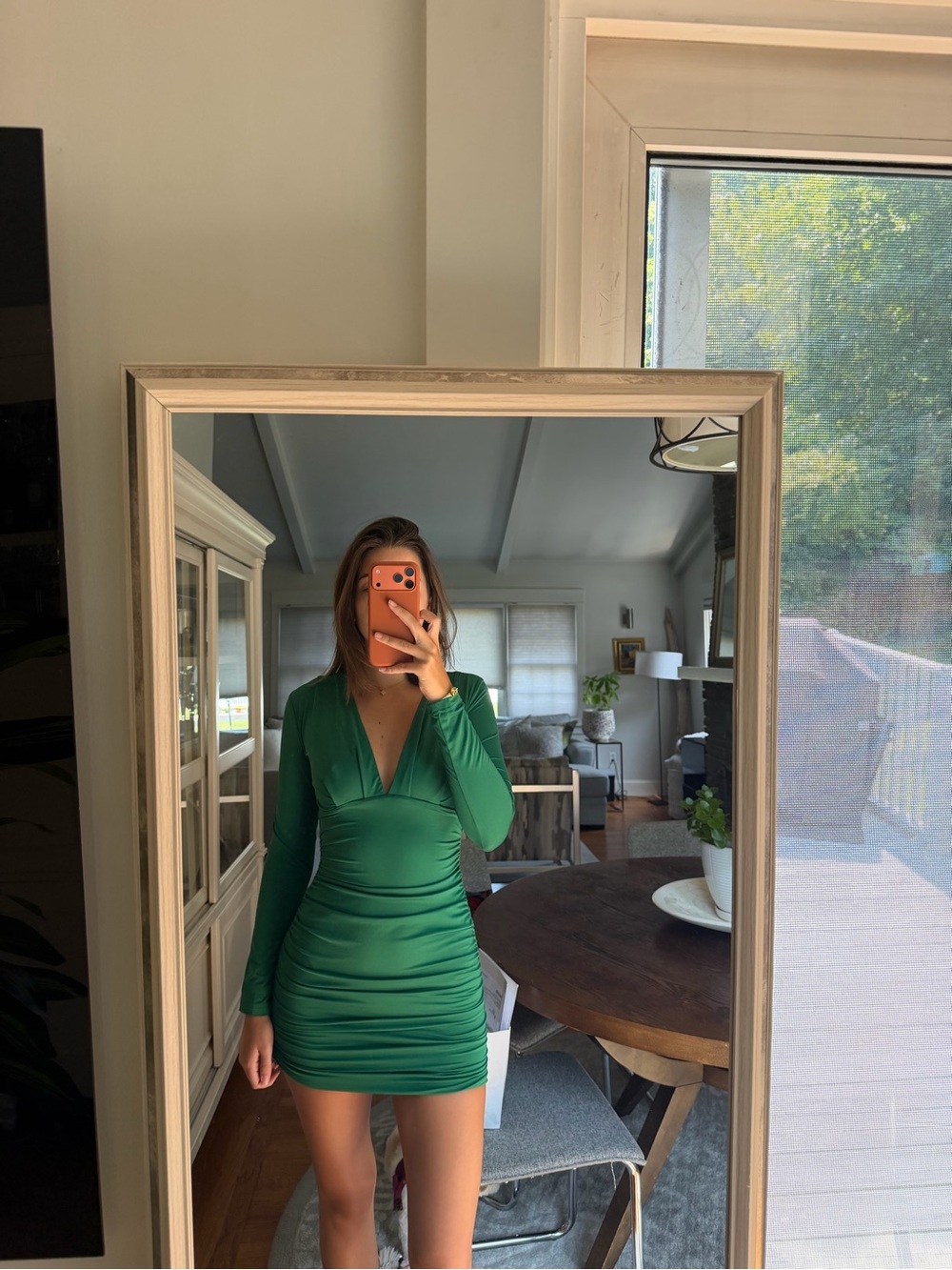 Green Long-Sleeve Ruched V-Neck Dress